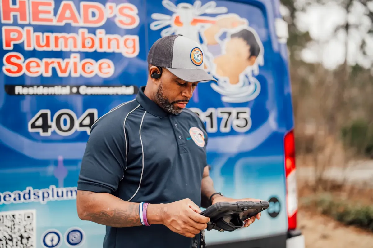 A Head's Plumbing technician reviewing a diagnostic on a tablet beside a branded service van
