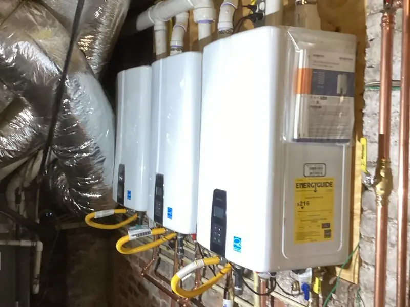 Head's Plumbing install of multiple tankless water heaters with dedicated piping.