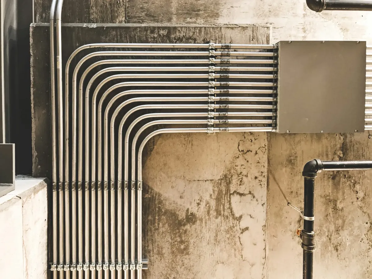 Polished metal water supply lines neatly run and secured along a wall